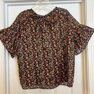 Loft Floral Black Short Bell Sleeve Blouse